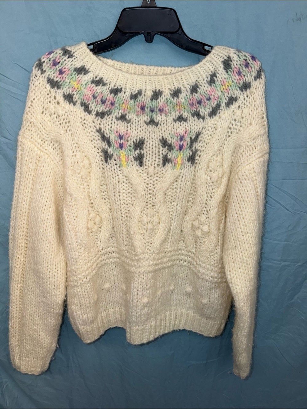 Cream Cable Knit Fair Isle Yoke Sweater